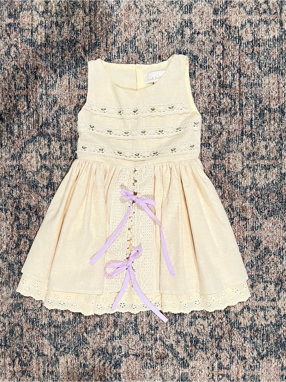 Lace-Trim Girls' Dress with Lilac Ribbon